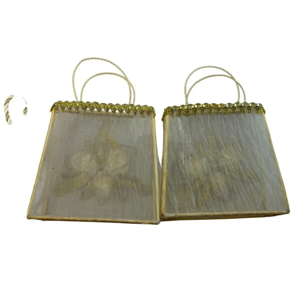Vintage Style Cream Gold Rose Organza Gift Bags & Pearl Tassel Set 4pc Wedding